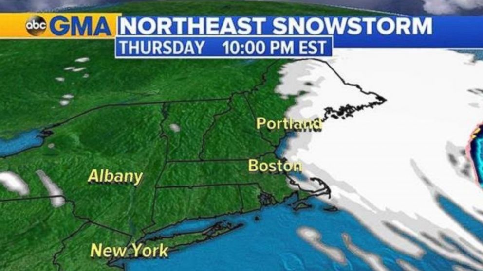 PHOTO: ABC News meteorologists say the snowfall should end in Boston and eastern New England between 9 and 10 p.m. ET on Feb. 9, 2017.