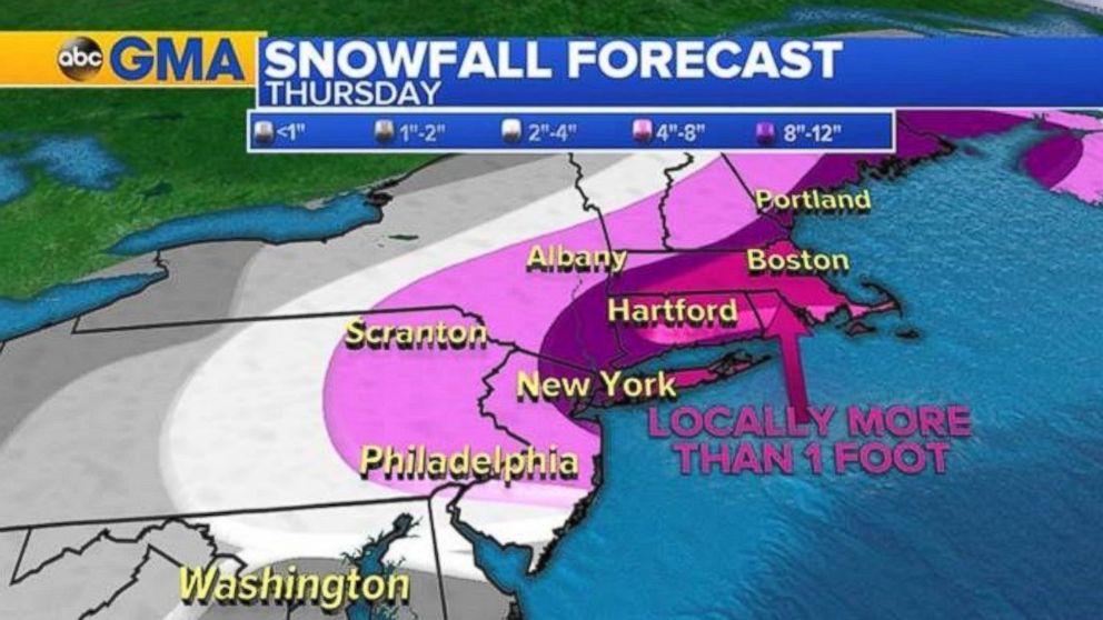 PHOTO: ABC News meteorologists say Philadelphia could see 4 to 6 inches of snow, New York City could get about a foot and Boston could have up to 15 inches of snow on Feb. 9, 2017.