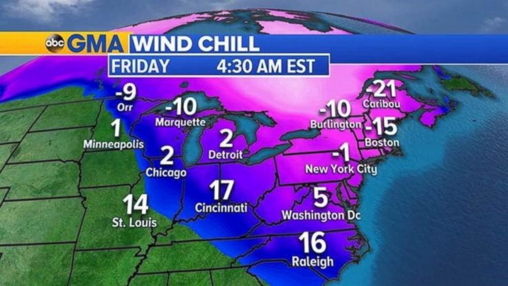 PHOTO: Wind chills, or feels like temperatures, could near zero in the Northeast and Midwest following the snowstorm on Feb. 10, 2017. 
