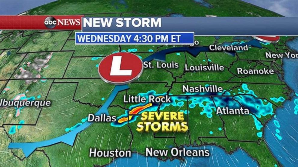 Severe storms are hitting the South on Wednesday afternoon and will move east.