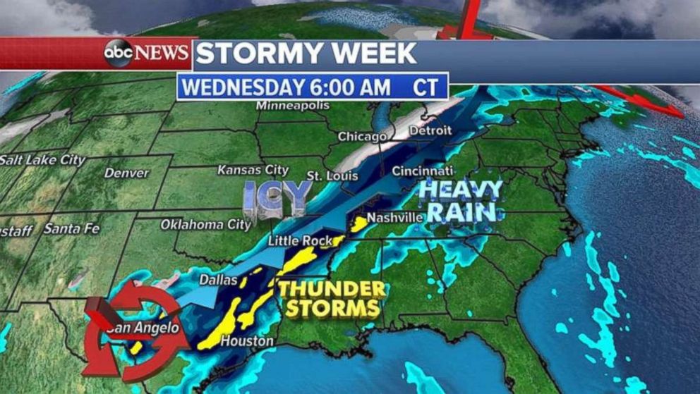 The line of heavy rain is moving through Texas, Arkansas, western Tennessee and the Midwest on Wednesday morning.