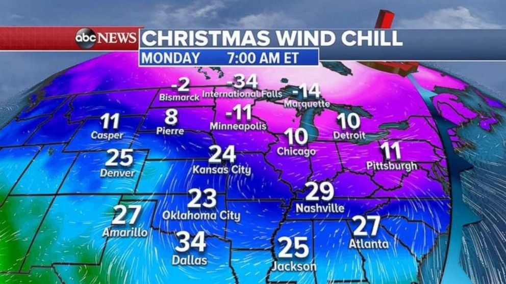 Bitter wind chills are expected across much of the eastern half of the country on Christmas morning.