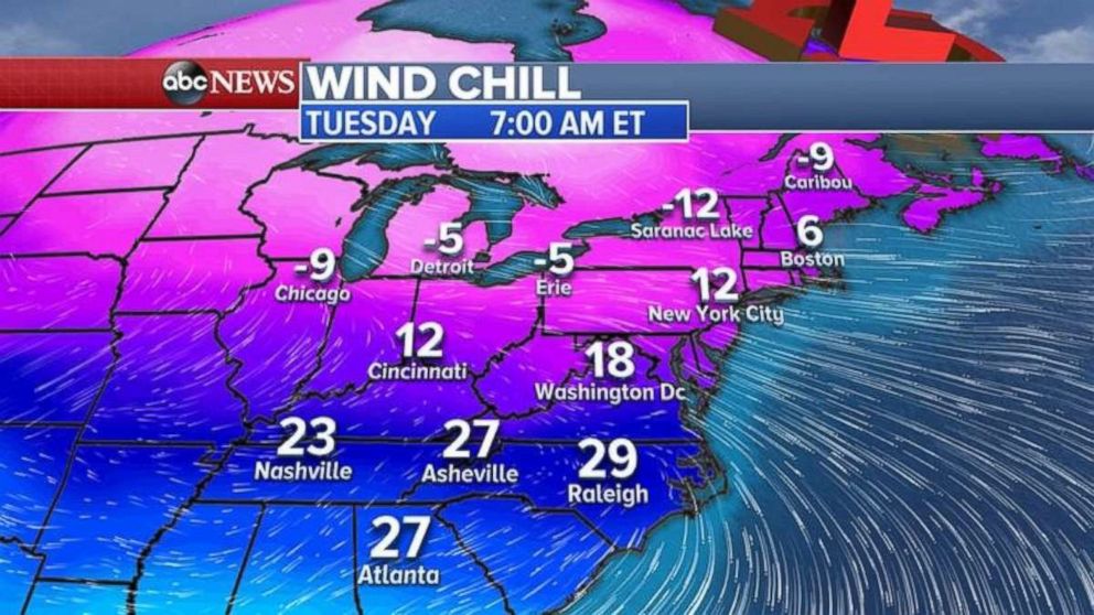 Wind chills will be in the 20s in the South and into the teens and single digits in the Northeast the day after Christmas.