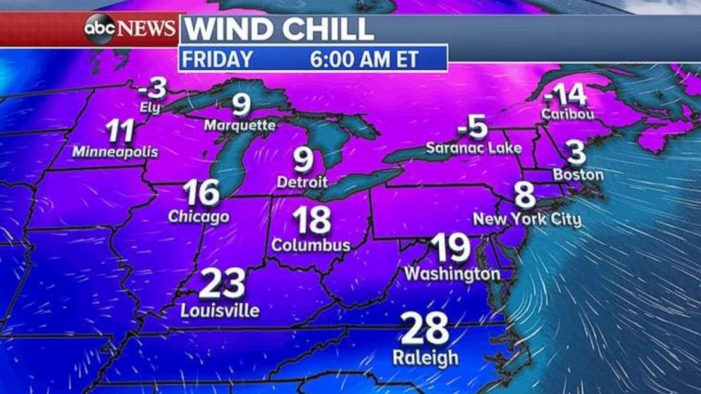 Wind chill temperatures will be in the teens and single-digits in the Northeast on Friday morning.