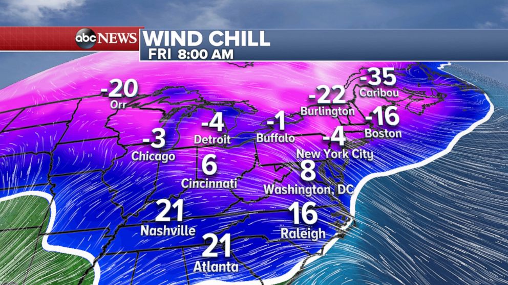 PHOTO: Wind chill forecast for the eastern United States on Friday morning.