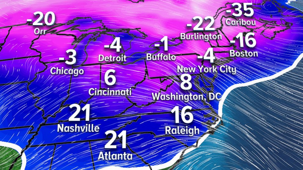 PHOTO: Wind chill forecast for the eastern United States on Friday morning.