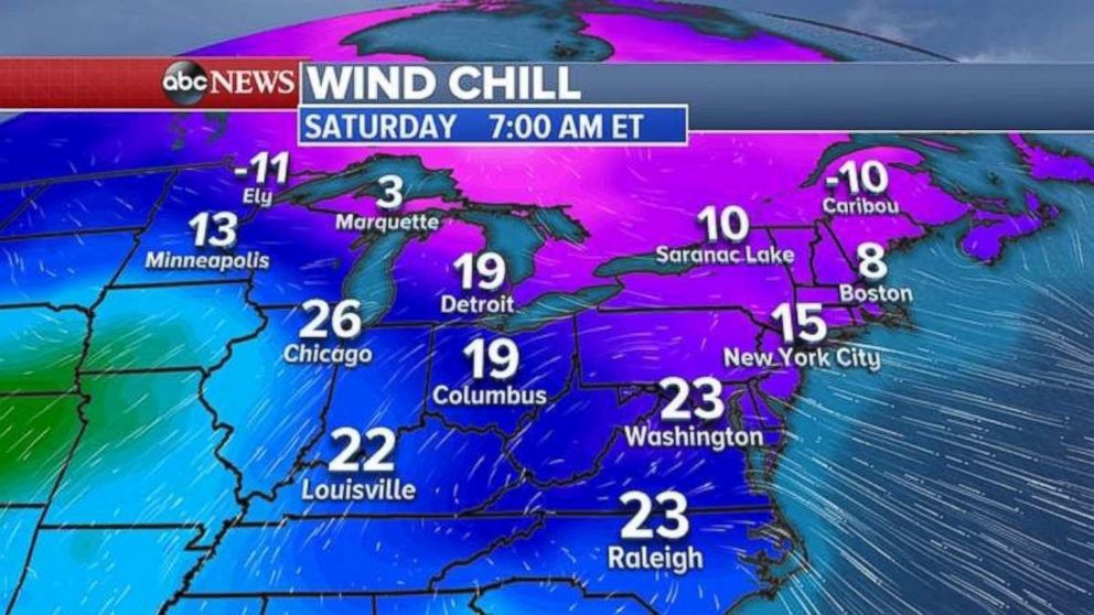 Wind chills temperatures will be in the teens and low-20s across the East on Saturday morning.