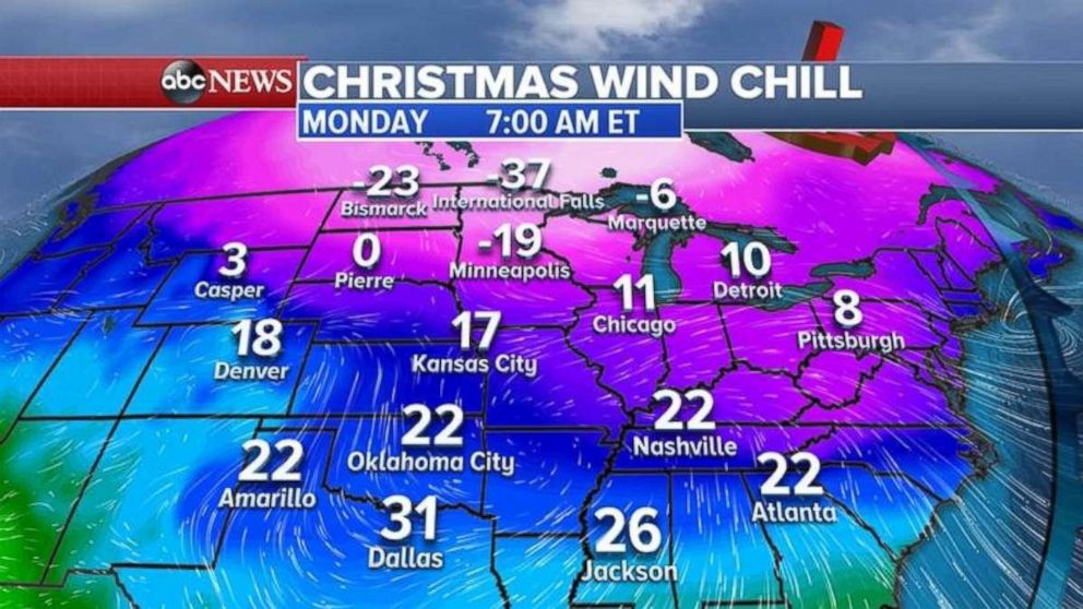 Wind chills will be in the teens and 20s across much of the eastern half of the country on Christmas morning.