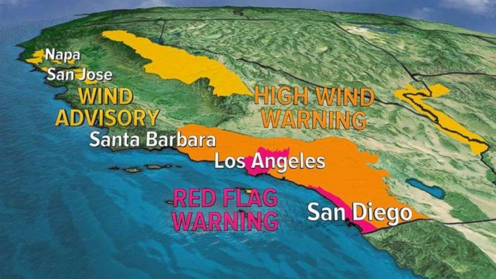 Wind and fire warnings are in effect for much of California on Tuesday.