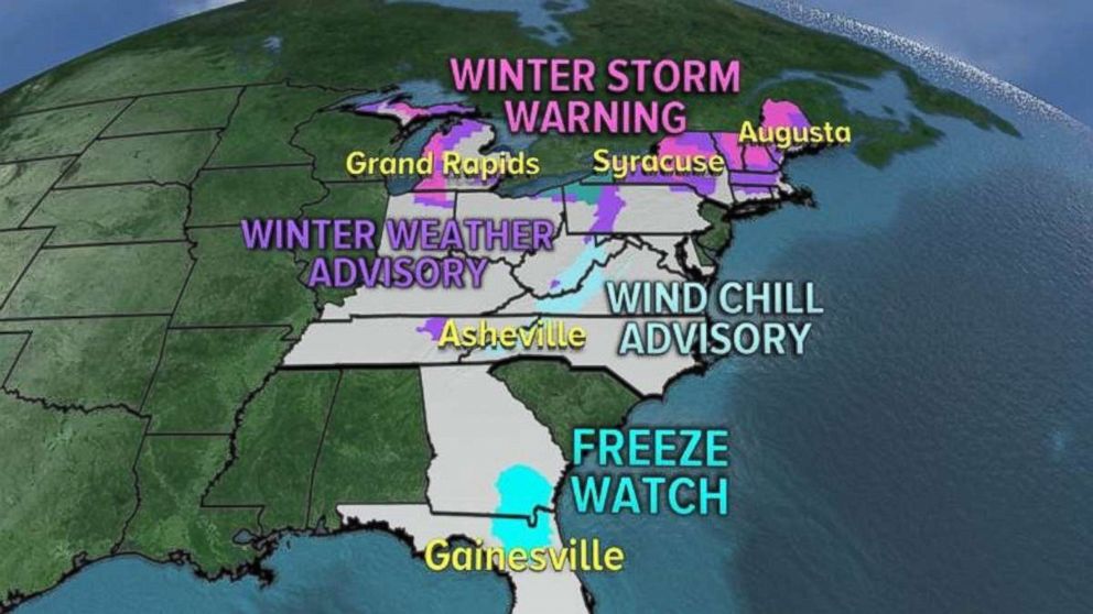 Winter weather advisories and storm warnings are in place across much of the East Coast.