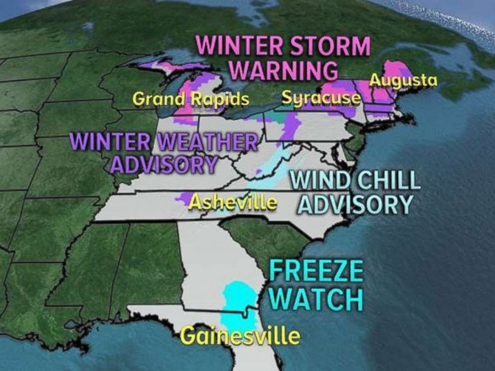 Winter weather advisories and storm warnings are in place across much of the East Coast.