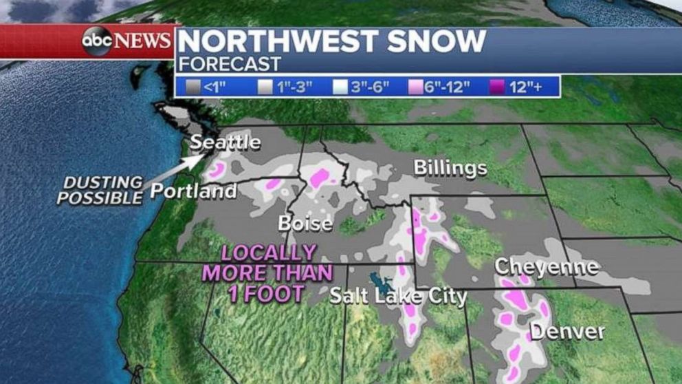 A dusting of snow is possible in Seattle, with more snow likely in southeast Washington and Idaho.