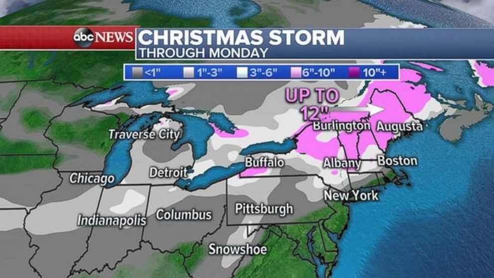 Northern New England is looking at up to a foot of snow from the Christmas storm with more modest totals throughout Ohio, Pennsylvania and inland New York and Connecticut.