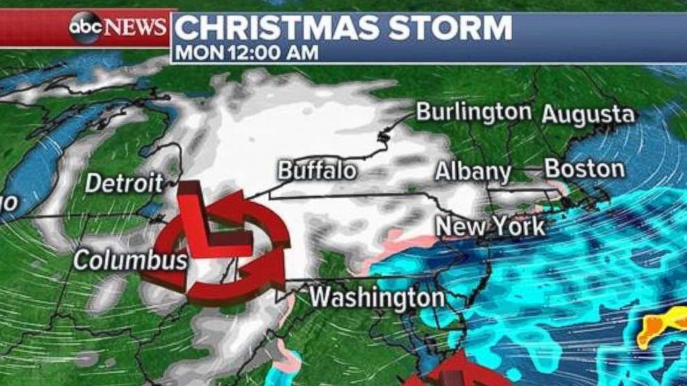 The storm will move into Pennsylvania and western New York overnight into Christmas morning.
