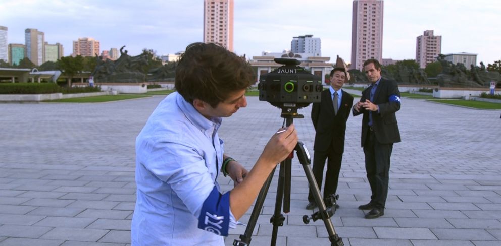 PHOTO: ABC's Bob Woodruff and Ronnie Polidoro prepare Jaunt's 360 degree camera in Pyongyang, North Korea.