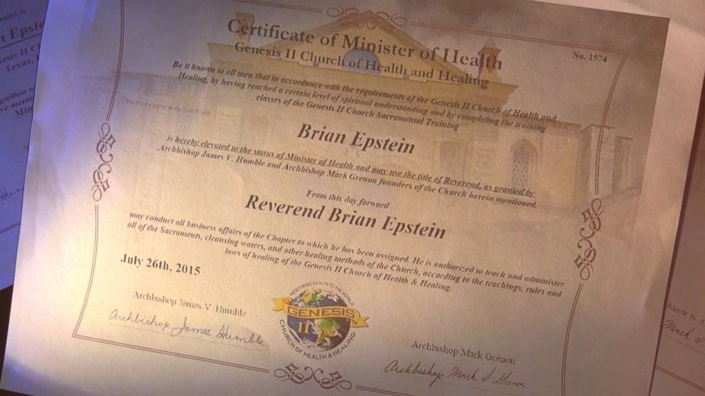PHOTO: An ABC News producer received this certificate from the Genesis II Church after being ordained as a "health minister."