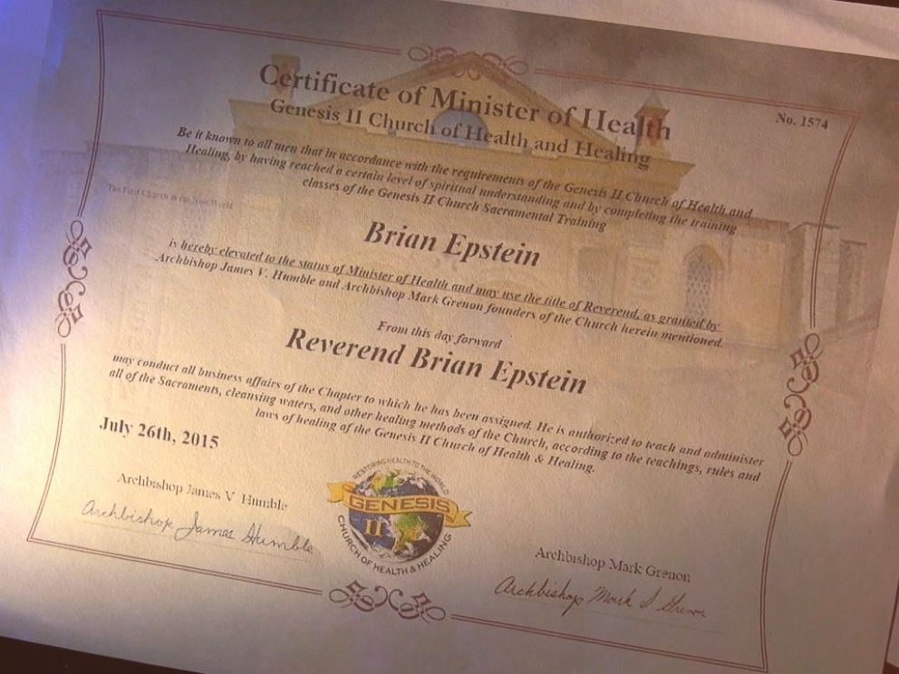 PHOTO: An ABC News producer received this certificate from the Genesis II Church after being ordained as a health minister.