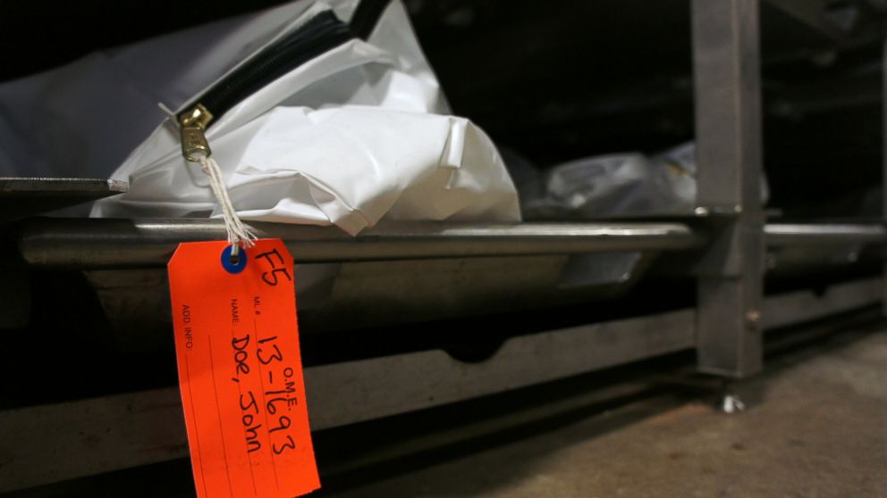 PHOTO: Body bags containing the remains of unnamed migrants at the Pima County morgue in Tucson, Ariz.