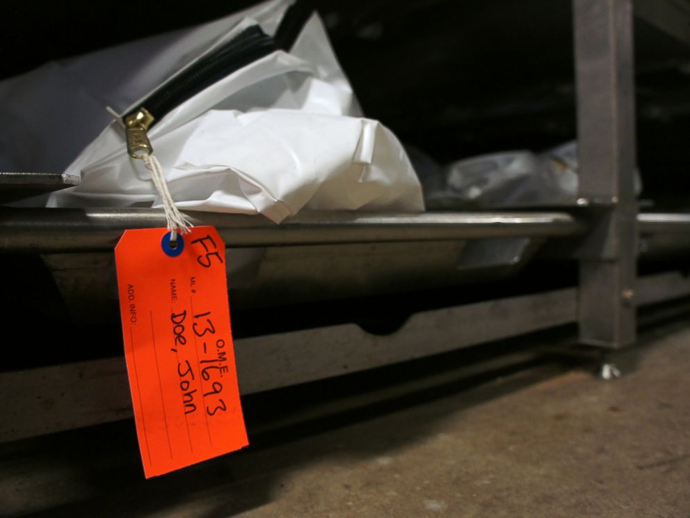 PHOTO: Body bags containing the remains of unnamed migrants at the Pima County morgue in Tucson, Ariz.