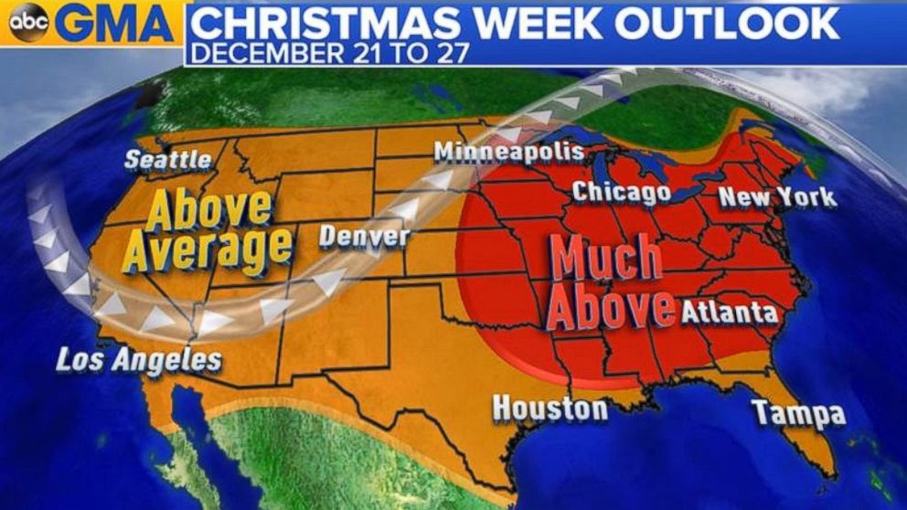 PHOTO: Christmas Outlook: This is the temperature outlook compared to normal for the week of December 21 to December 27