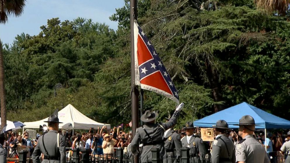 The confederate flag is removed in Charleston, South Carolina, July 10, 2015. 