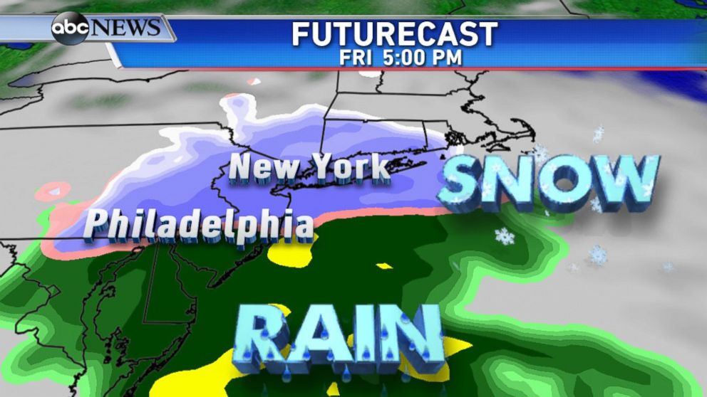 PHOTO: Snow moves into Philadelphia and New York Friday afternoon.