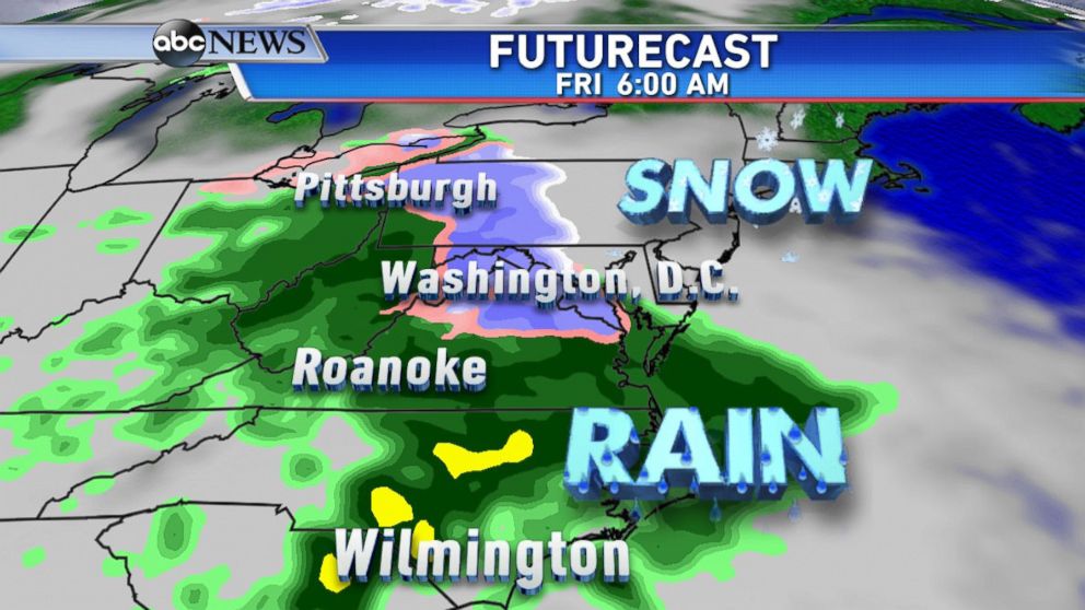 PHOTO: Snow begins Friday morning from Washington DC to Pittsburgh.