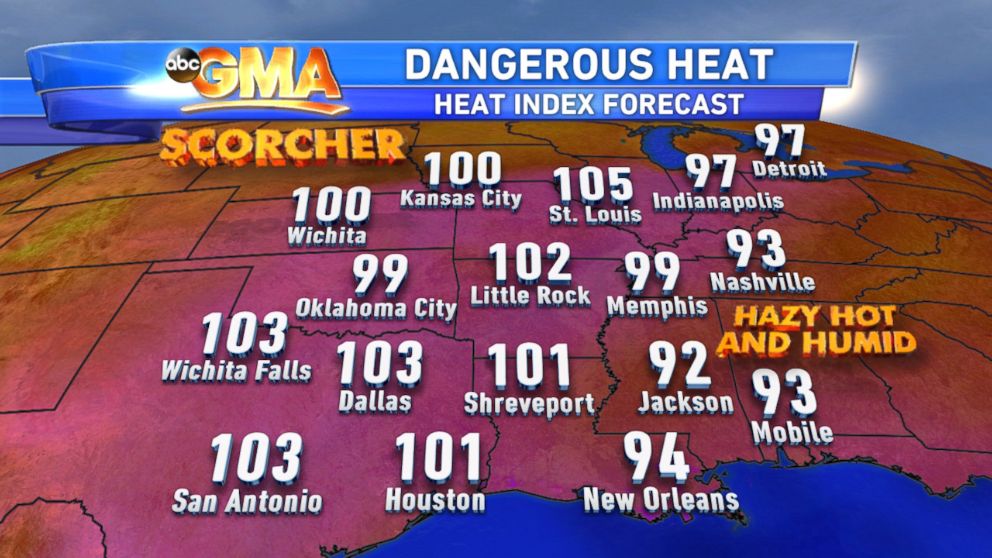 PHOTO: Heat Index: Forecast heat index (feels-like) temperatures for Tuesday afternoon.