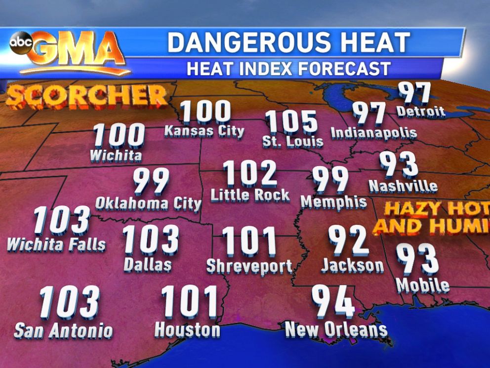 PHOTO: Heat Index: Forecast heat index (feels-like) temperatures for Tuesday afternoon.