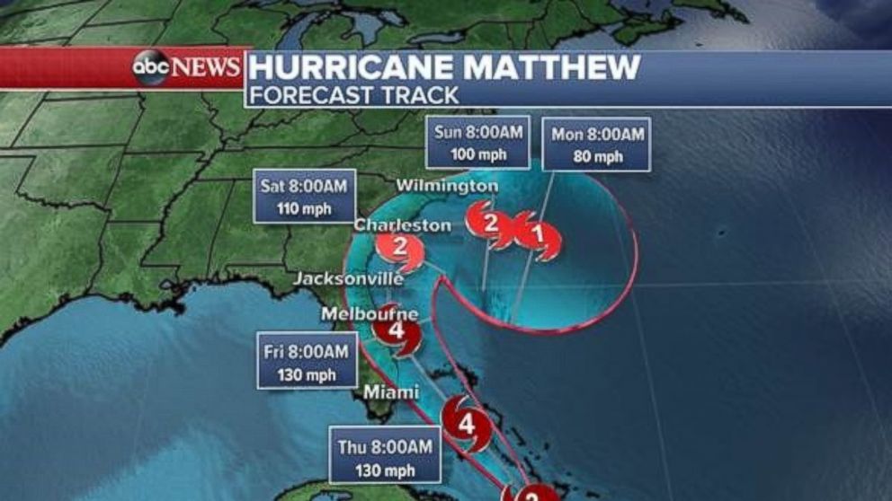 PHOTO: The latest track shows Hurricane Matthew nearing Florida's coast as a potential Category 4 hurricane by Friday morning before weakening to a Category 2 while approaching Charleston, South Carolina, on Saturday morning. 