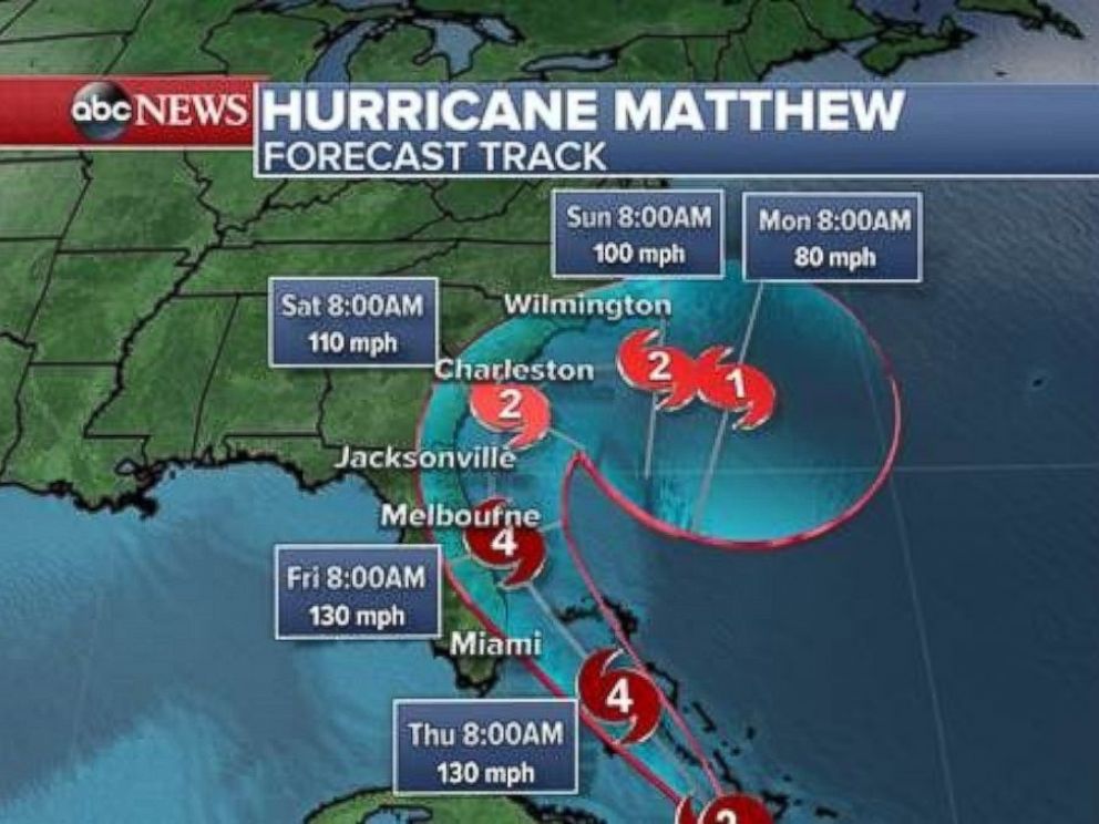 PHOTO: The latest track shows Hurricane Matthew nearing Floridas coast as a potential Category 4 hurricane by Friday morning before weakening to a Category 2 while approaching Charleston, South Carolina, on Saturday morning.