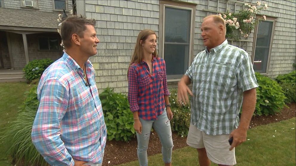 Derrick and Erynn Johns, the father and daughter rescued from a rip current off the Massachusetts coast recently, meet Tommy Vach who helped lifeguards pull them to safety.