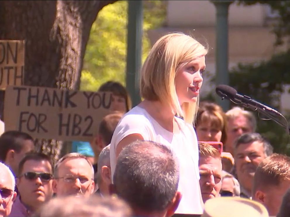 PHOTO: Kami Mueller of the North Carolina Values Coalition said to a cheering crowd she is thankful for the governor and the leaders of the state for standing up, April 11, 2016.