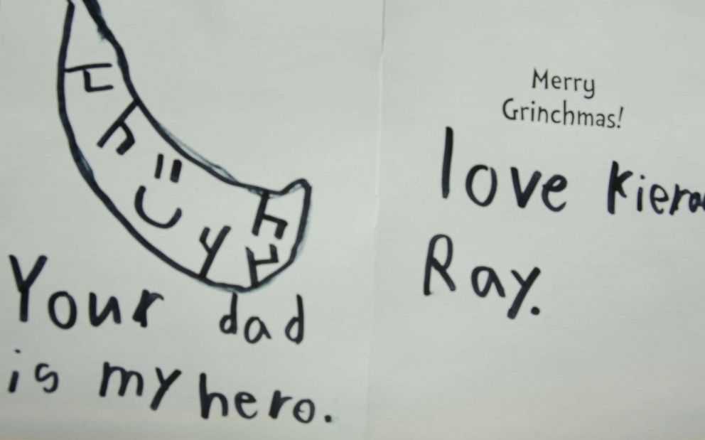 Kieran Ray made a Christmas card for the children of his mom's liver donor. He drew a picture of a liver with a smiley face and wrote, "Your dad is my hero."