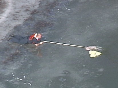Video: Bystanders rush to save woman and her dog from frozen pond.