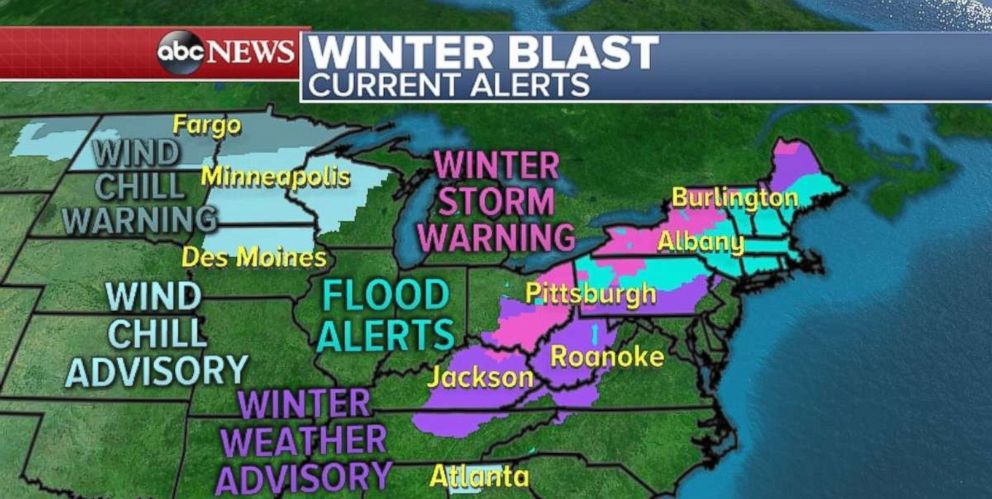 PHOTO: There are wind chill warnings and advisories, winter storm warnings, and flood alerts across the Midwest, Northeast and Great Lakes region.