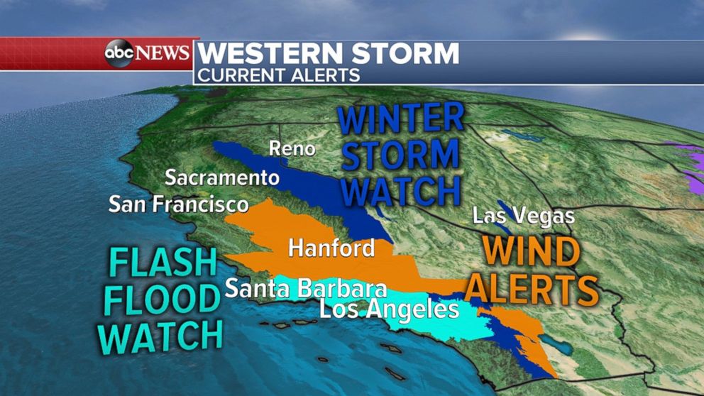 PHOTO: Parrs of California are under flash flood and winter storm watches, as well as wind alerts.