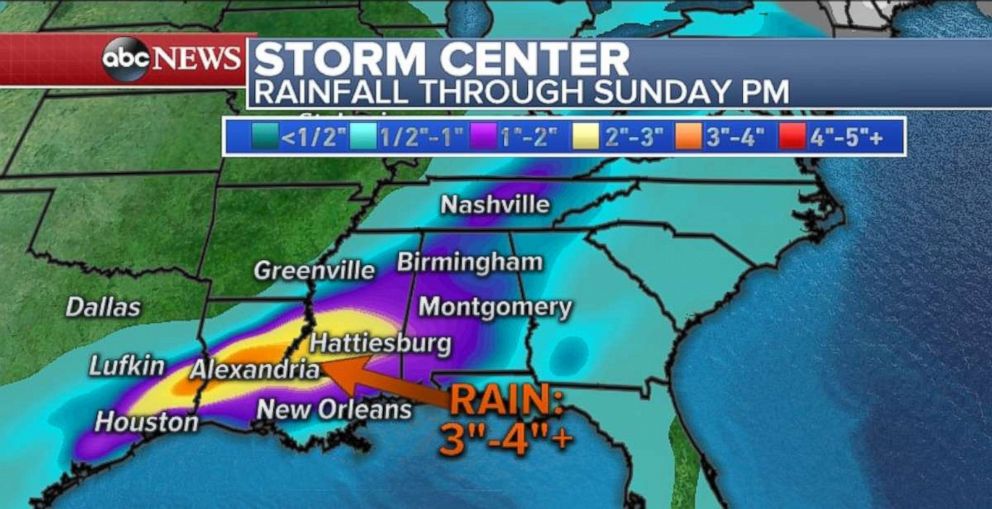 PHOTO: The Gulf Coast can expect between three and four inches of rain through Sunday night.