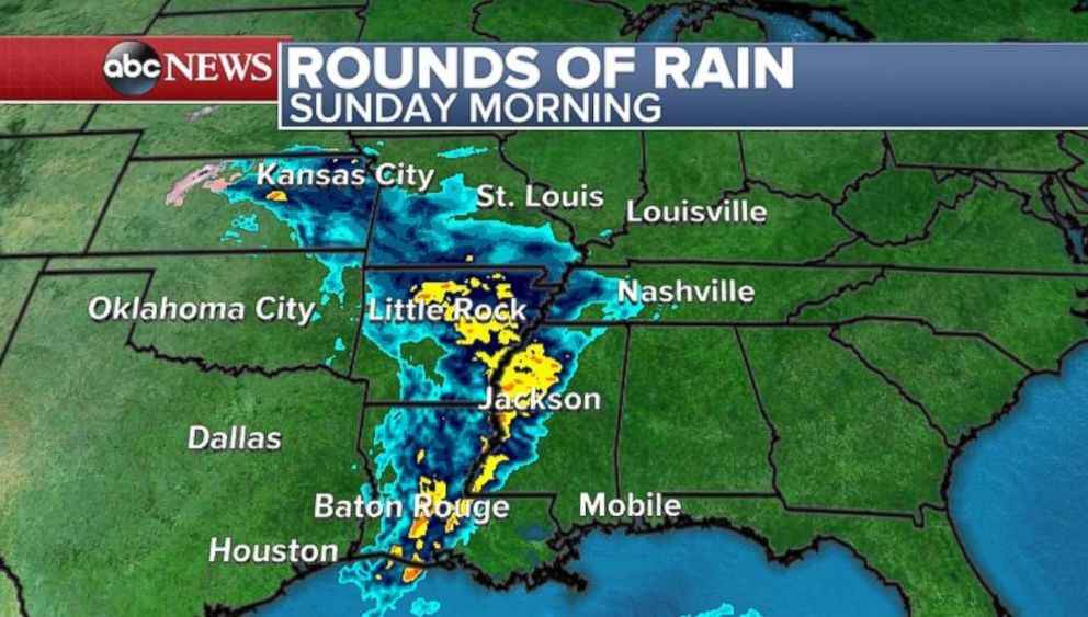 PHOTO: Parts of Louisiana, Arkansas, Missouri and Kansas will experience rain on Sunday morning. 