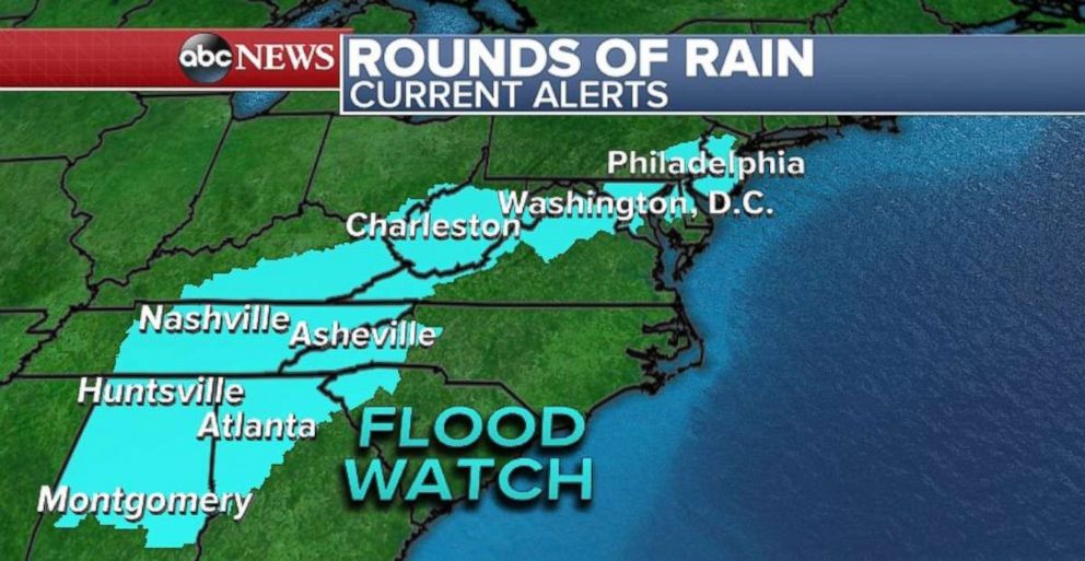 PHOTO: There are flood watches for a large swath stretching from the South to the Northeast.