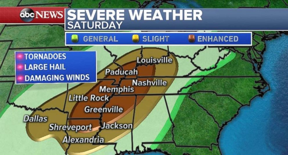 PHOTO: Parts of the South will experience tornadoes, large hail and damaging winds on Saturday.