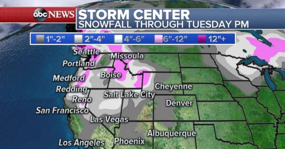 PHOTO: Many western states will experience snowfall through Tuesday.