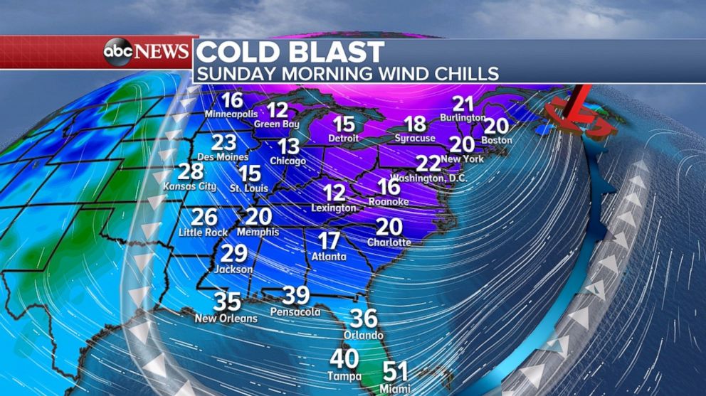 PHOTO: The eastern half of the U.S. will experience a cold blast Sunday morning. 