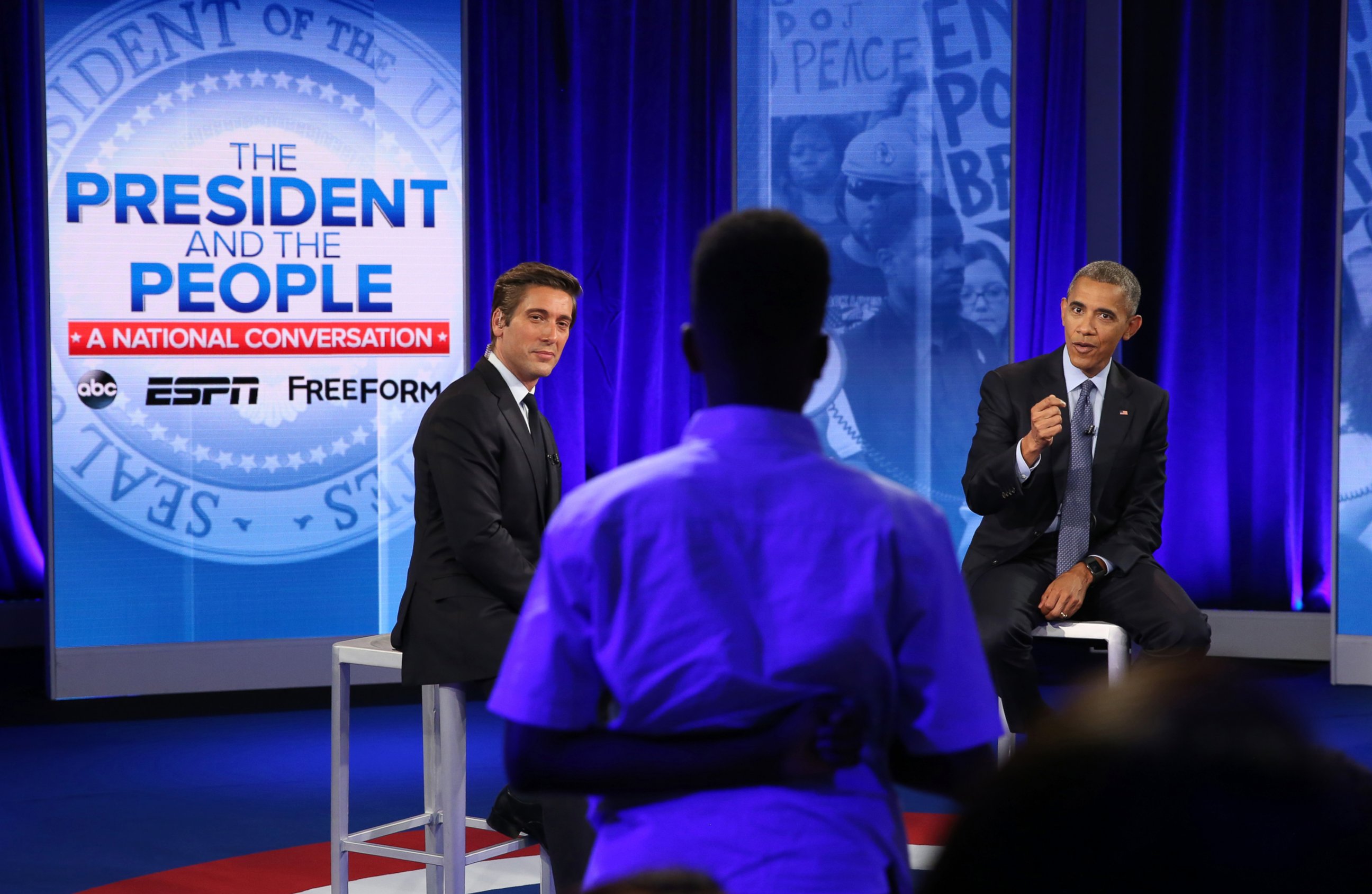 PHOTO: ABC’s David Muir moderates a town hall discussion with President Barack Obama and Americans affected by recent events, in Washington, D.C., July 14, 2016. 
