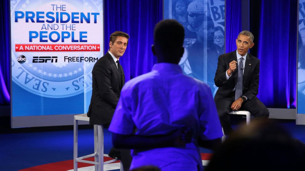 President Obama answers a question from Jermar Taylor during a televised town hall moderated by ABC's David Muir. With the nation on edge in the immediate aftermath of horrific events in Baton Rouge, Minneapolis and Dallas, Disney Media Networks hosts a landmark town hall discussion with President Barack Obama and Americans who have been directly affected by recent events. World News Tonight Anchor David Muir moderates the conversation about race relations, justice, policing and equality in Washington, D.C, July 14, 2016. 