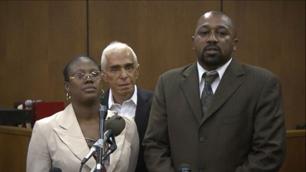 PHOTO: Walter Ray Simmons and Monica McBride, parents of Renisha McBride, speak in this frame grab after a guilty verdict is reached in the Theodore Wafer trial in Detroit, Aug. 7, 2014.