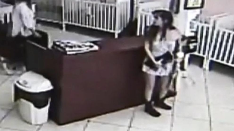 PHOTO:  Surveillance footage from "The Puppy Stop" in Orlando, Fla. shows Carolina Mejia Urbina , 25, taking a $1,300 Yorkshire Terrier puppy, stuffing it in her purse and leaving the store without paying on Nov. 11, 2015.