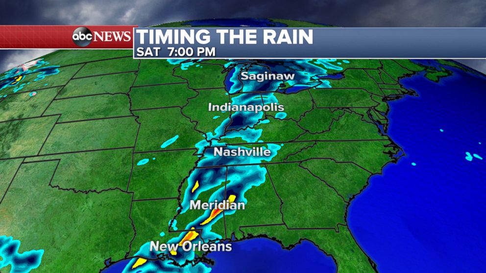 PHOTO: By Saturday evening, heavy rain will be possible along the central Gulf Coast, with showers impacting trick or treating up through Michigan. 