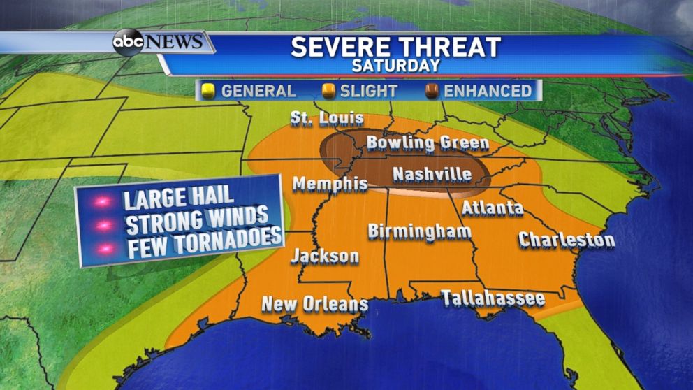 PHOTO: The severe weather threat moves east, from the Gulf to Lower Ohio Valley on Saturday.