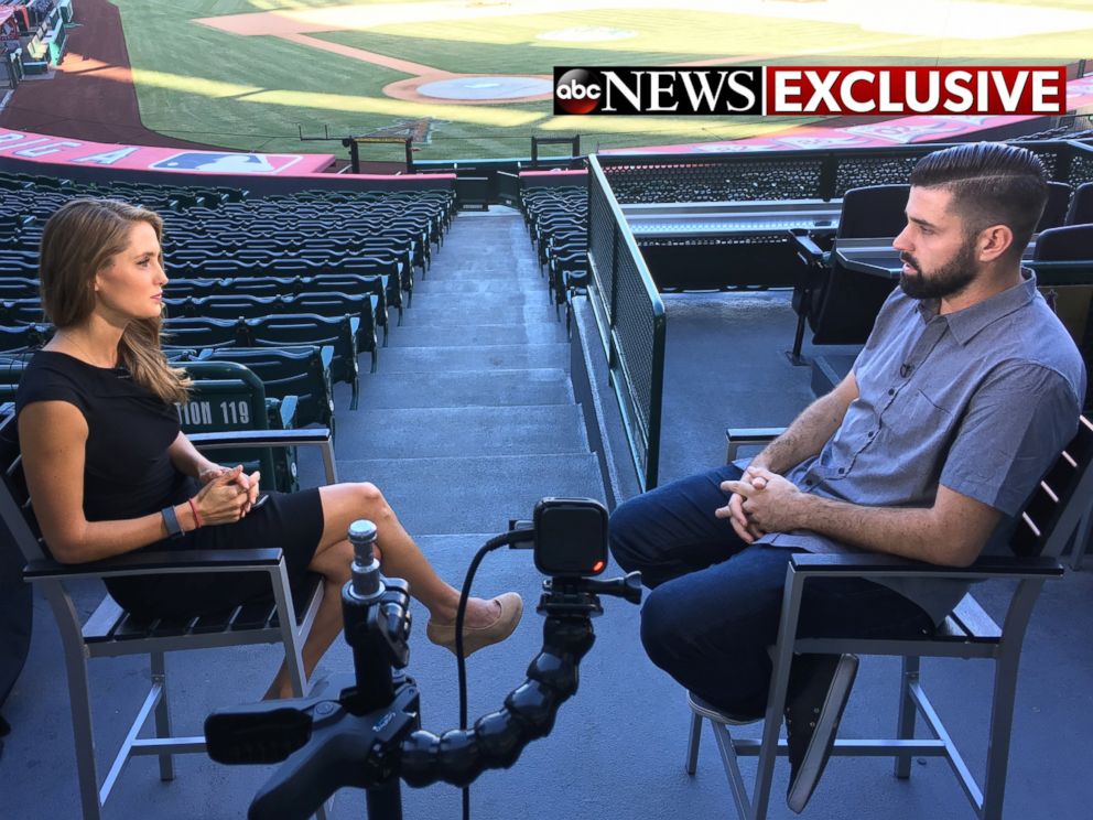 PHOTO: Los Angeles Angels pitcher Matt Shoemaker talks to ABC News' Kayna Whitworth  at Angels Stadium one month after surviving being hit in the head by a line drive on Sept. 4, 2016. 